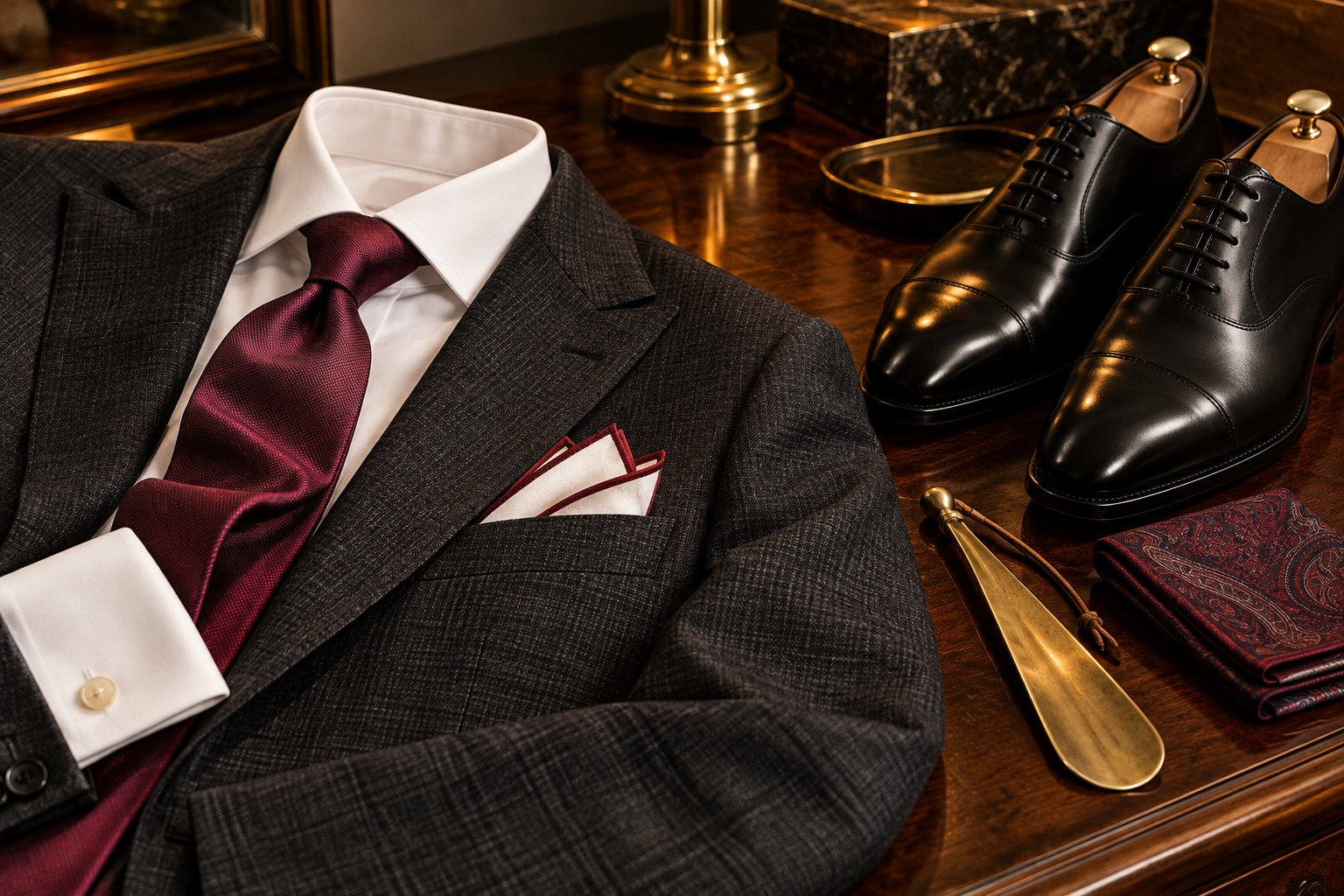 A dark tailored jacket and classic shoes